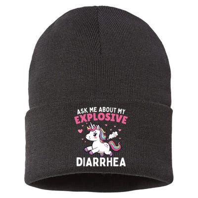 Ask Me About My Explosive Diarrhea Funny Poop Meme Unicorn  Sustainable Knit Beanie