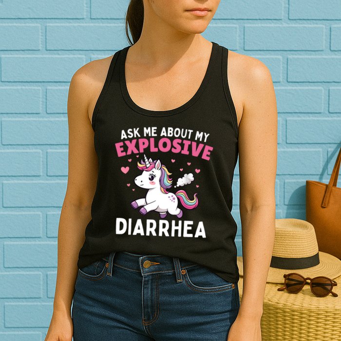 Ask Me About My Explosive Diarrhea Funny Poop Meme Unicorn  Womens Tank Top