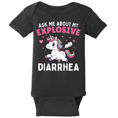 Ask Me About My Explosive Diarrhea Funny Poop Meme Unicorn  Baby Bodysuit