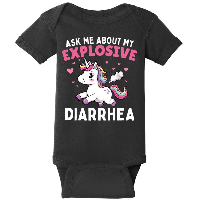 Ask Me About My Explosive Diarrhea Funny Poop Meme Unicorn  Baby Bodysuit