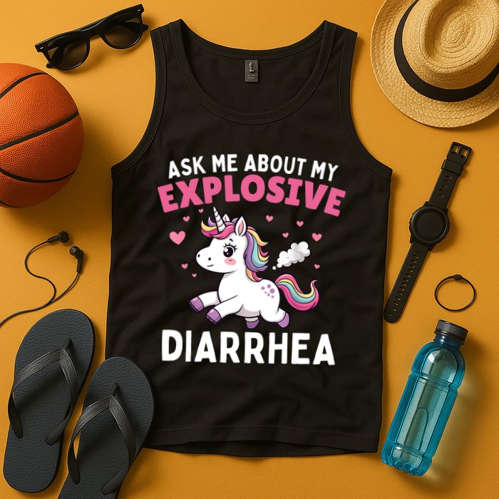 Ask Me About My Explosive Diarrhea Funny Poop Meme Unicorn  Tank Top