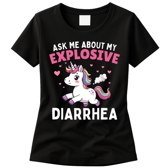 Ask Me About My Explosive Diarrhea Funny Poop Meme Unicorn  Womens T-Shirt
