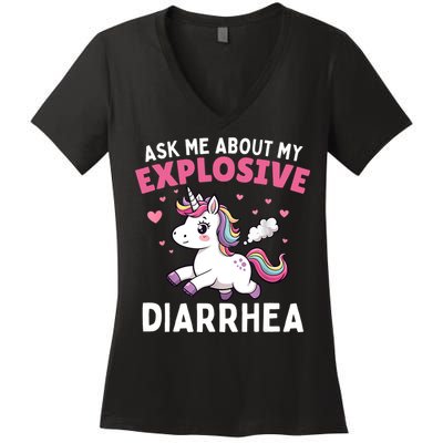 Ask Me About My Explosive Diarrhea Funny Poop Meme Unicorn  Women's V-Neck T-Shirt
