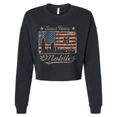 Awesome Mobile Alabama Distressed American Flag Cropped Pullover Crew