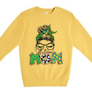 Autism Mom Awareness Messy Bun Leopard St Patrick's Day Funny Gift Premium Crewneck Sweatshirt