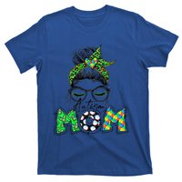 Autism Mom Awareness Messy Bun Leopard St Patrick's Day Funny Gift T-Shirt