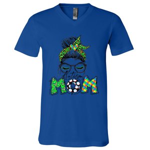 Autism Mom Awareness Messy Bun Leopard St Patrick's Day Funny Gift V-Neck T-Shirt