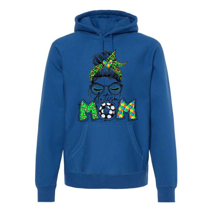 Autism Mom Awareness Messy Bun Leopard St Patrick's Day Funny Gift Premium Hoodie