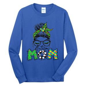 Autism Mom Awareness Messy Bun Leopard St Patrick's Day Funny Gift Tall Long Sleeve T-Shirt