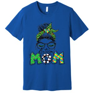 Autism Mom Awareness Messy Bun Leopard St Patrick's Day Funny Gift Premium T-Shirt