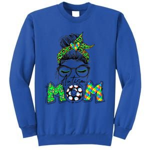 Autism Mom Awareness Messy Bun Leopard St Patrick's Day Funny Gift Tall Sweatshirt