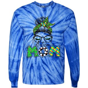 Autism Mom Awareness Messy Bun Leopard St Patrick's Day Funny Gift Tie-Dye Long Sleeve Shirt