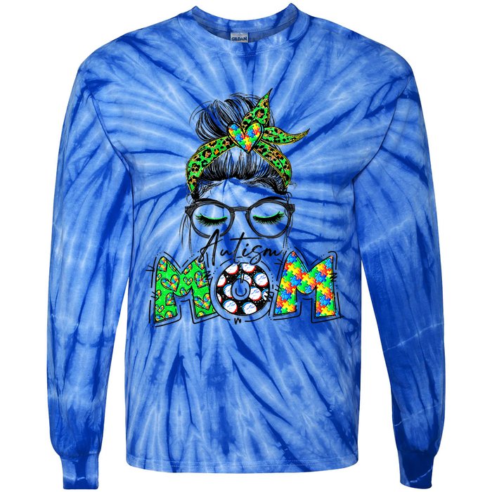 Autism Mom Awareness Messy Bun Leopard St Patrick's Day Funny Gift Tie-Dye Long Sleeve Shirt