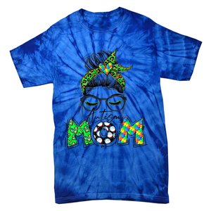 Autism Mom Awareness Messy Bun Leopard St Patrick's Day Funny Gift Tie-Dye T-Shirt