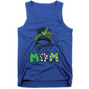 Autism Mom Awareness Messy Bun Leopard St Patrick's Day Funny Gift Tank Top