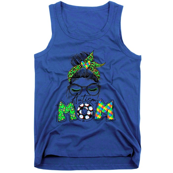 Autism Mom Awareness Messy Bun Leopard St Patrick's Day Funny Gift Tank Top