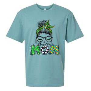 Autism Mom Awareness Messy Bun Leopard St Patrick's Day Funny Gift Sueded Cloud Jersey T-Shirt