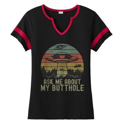 Ask Me About My Butthole Funny Retro Vintage Sunset Ladies Halftime Notch Neck Tee