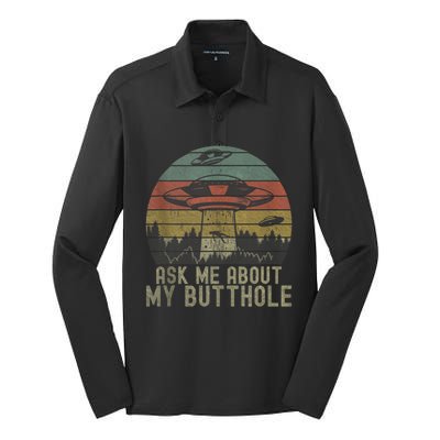 Ask Me About My Butthole Funny Retro Vintage Sunset Silk Touch Performance Long Sleeve Polo