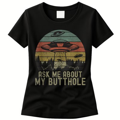 Ask Me About My Butthole Funny Retro Vintage Sunset Womens T-Shirt