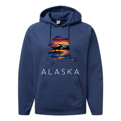 Alaskan Moose Animal Alaska Map Performance Fleece Hoodie