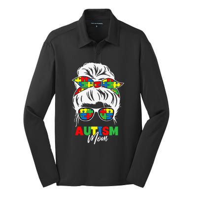 Autism Mom Awareness Messy Bun Puzzle Piece Mother Silk Touch Performance Long Sleeve Polo