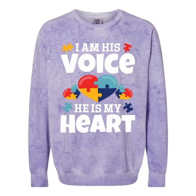 Autism Mama Autism I Am His Voice He Is My Heart Autism Mom Gift Colorblast Crewneck Sweatshirt