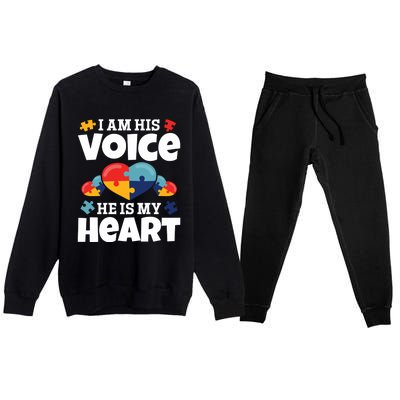 Autism Mama Autism I Am His Voice He Is My Heart Autism Mom Gift Premium Crewneck Sweatsuit Set