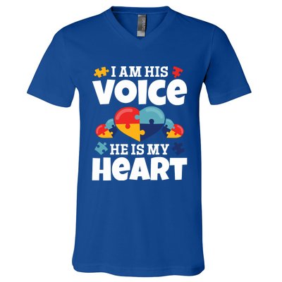 Autism Mama Autism I Am His Voice He Is My Heart Autism Mom Gift V-Neck T-Shirt