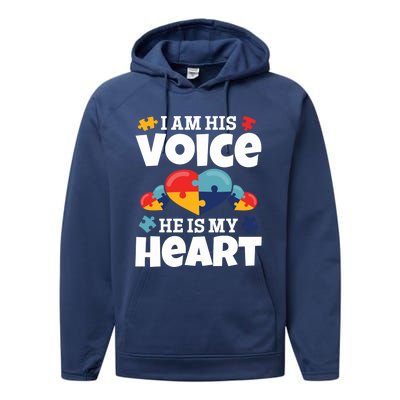 Autism Mama Autism I Am His Voice He Is My Heart Autism Mom Gift Performance Fleece Hoodie