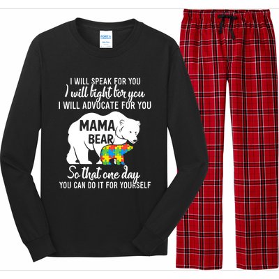 Autism Mama Bear I Will Speak Fight Advocate For You Gift Long Sleeve Pajama Set