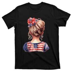 American Messy Bun Girl USA Flag Watercolor Flowers T-Shirt