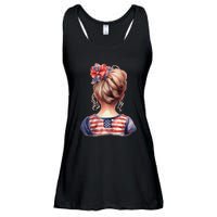 American Messy Bun Girl USA Flag Watercolor Flowers Ladies Essential Flowy Tank