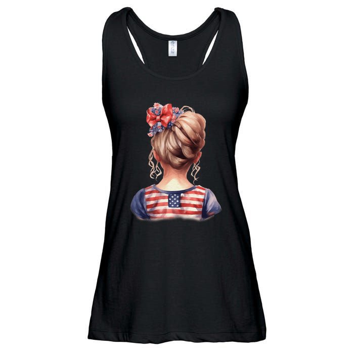 American Messy Bun Girl USA Flag Watercolor Flowers Ladies Essential Flowy Tank