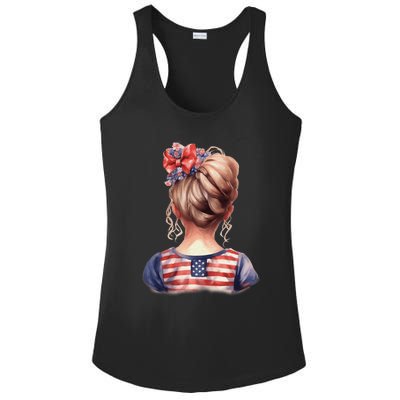 American Messy Bun Girl USA Flag Watercolor Flowers Ladies PosiCharge Competitor Racerback Tank