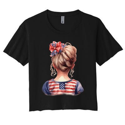 American Messy Bun Girl USA Flag Watercolor Flowers Women's Crop Top Tee