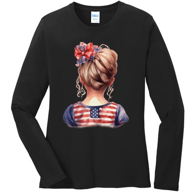 American Messy Bun Girl USA Flag Watercolor Flowers Ladies Long Sleeve Shirt