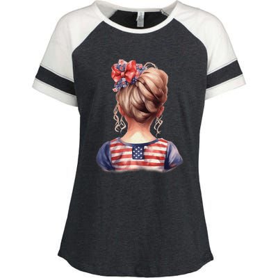 American Messy Bun Girl USA Flag Watercolor Flowers Enza Ladies Jersey Colorblock Tee