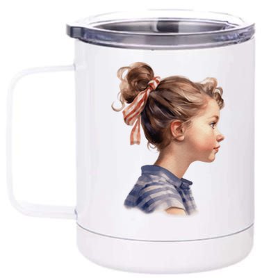 American Messy Bun Girl USA Flag Watercolor 12 oz Stainless Steel Tumbler Cup