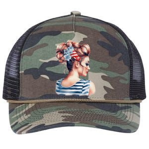 American Messy Bun Woman USA Flag Watercolor Flowers Retro Rope Trucker Hat Cap