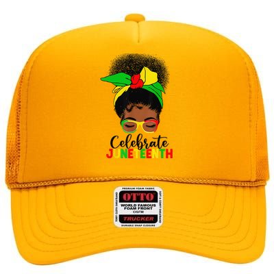 Awesome Messy Bun Celebrate Juneteenth Black History Women High Crown Mesh Back Trucker Hat