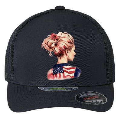 American Messy Bun Woman USA Flag Watercolor Flowers Flexfit Unipanel Trucker Cap