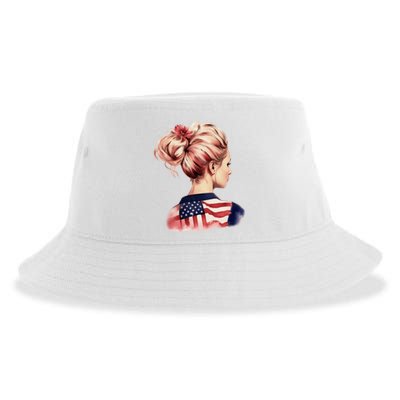 American Messy Bun Woman USA Flag Watercolor Flowers Sustainable Bucket Hat