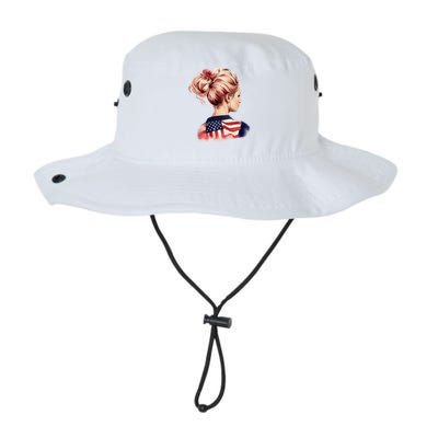 American Messy Bun Woman USA Flag Watercolor Flowers Legacy Cool Fit Booney Bucket Hat