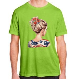 American Messy Bun Woman USA Flag Flowers Hair Adult ChromaSoft Performance T-Shirt