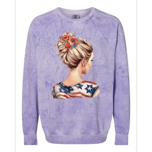 American Messy Bun Woman USA Flag Flowers Hair Colorblast Crewneck Sweatshirt