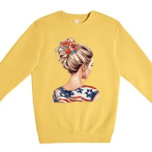 American Messy Bun Woman USA Flag Flowers Hair Premium Crewneck Sweatshirt