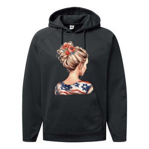 American Messy Bun Woman USA Flag Flowers Hair Performance Fleece Hoodie