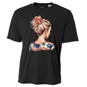 American Messy Bun Woman USA Flag Flowers Hair Cooling Performance Crew T-Shirt