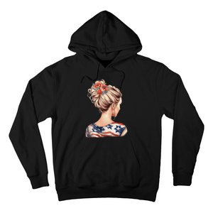 American Messy Bun Woman USA Flag Flowers Hair Hoodie